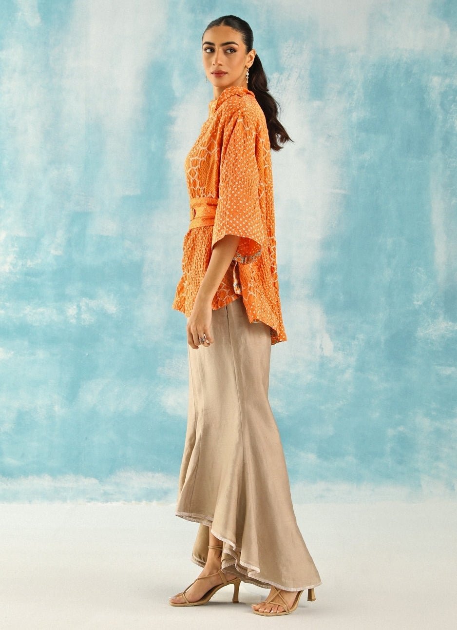 Twenty Nine Orange Bandhani Cowl Neck Top With Beige PantsFabilicious Fashion