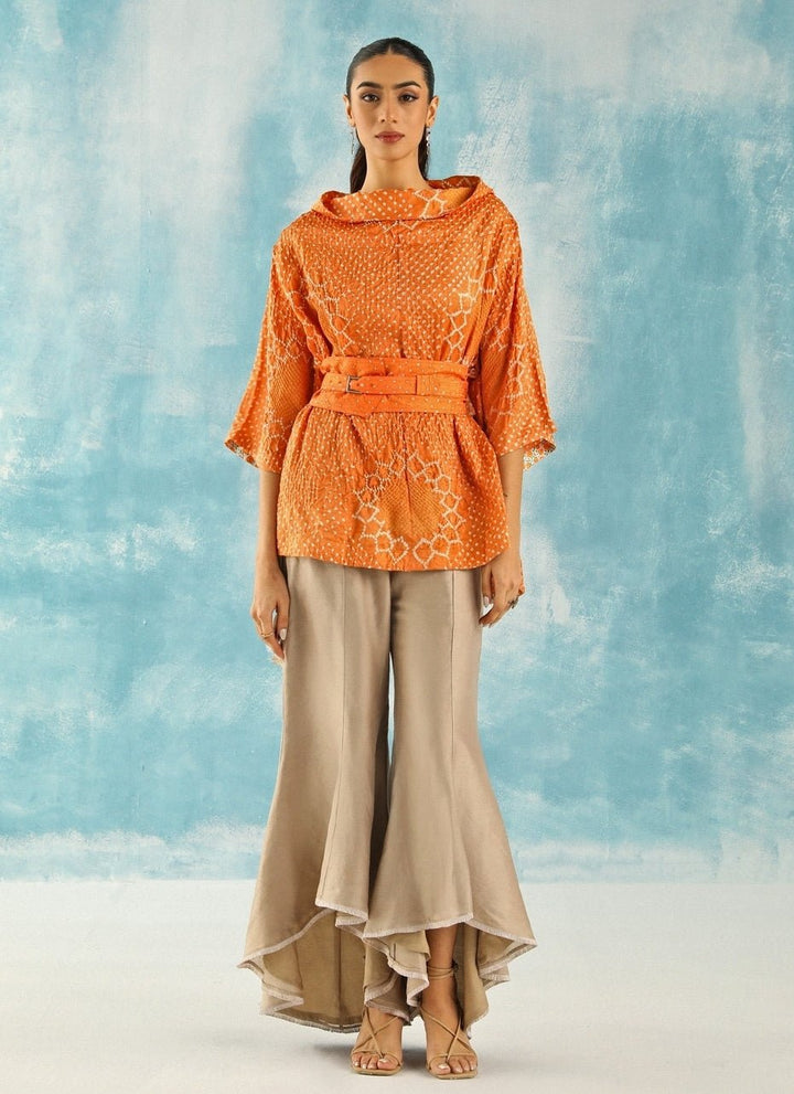 Twenty Nine Orange Bandhani Cowl Neck Top With Beige PantsFabilicious Fashion