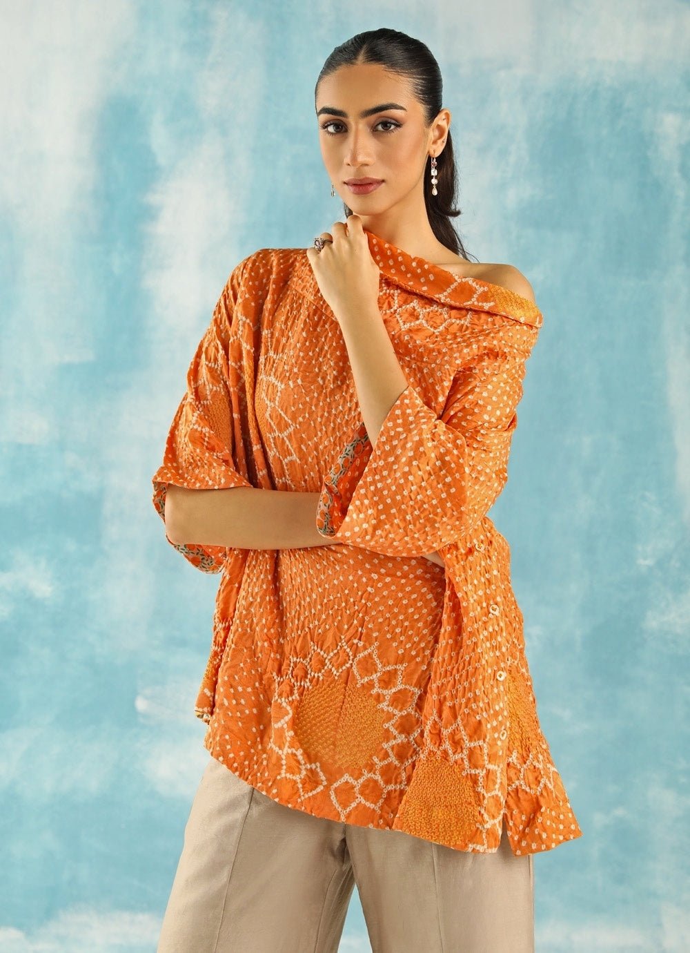 Twenty Nine Orange Bandhani Cowl Neck Top With Beige PantsFabilicious Fashion