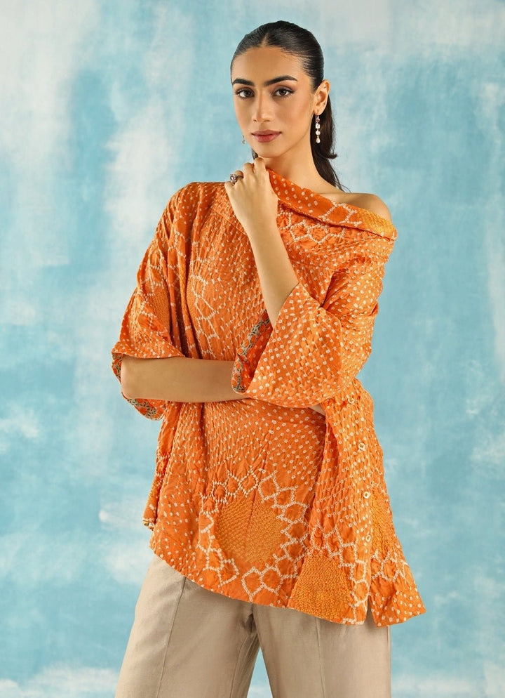 Twenty Nine Orange Bandhani Cowl Neck Top With Beige PantsFabilicious Fashion