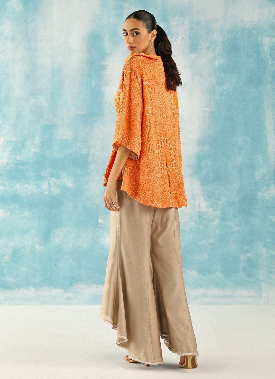 Twenty Nine Orange Bandhani Cowl Neck Top With Beige PantsFabilicious Fashion