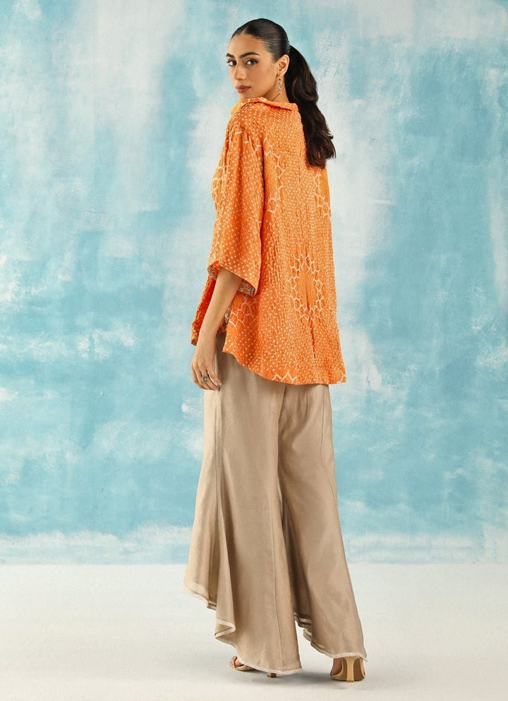 Twenty Nine Orange Bandhani Cowl Neck Top With Beige PantsFabilicious Fashion