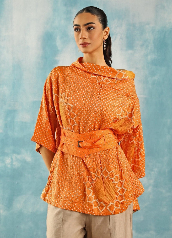 Twenty Nine Orange Bandhani Cowl Neck Top With Beige PantsFabilicious Fashion