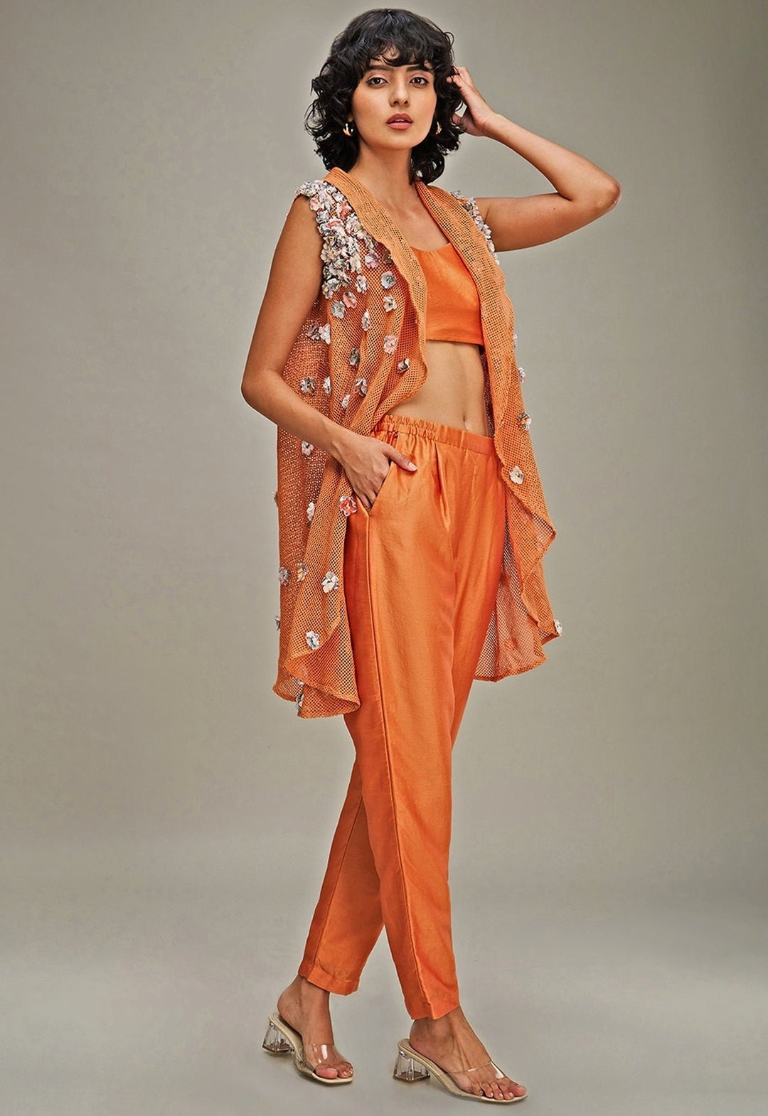 Orange Chanderi Top Snd Pant Set With Embroidered Cape Soup By Sougat Paul - Fabilicious Fashion
