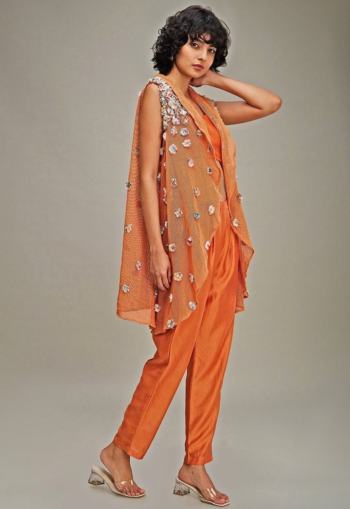 Orange Chanderi Top Snd Pant Set With Embroidered Cape Soup By Sougat Paul - Fabilicious Fashion
