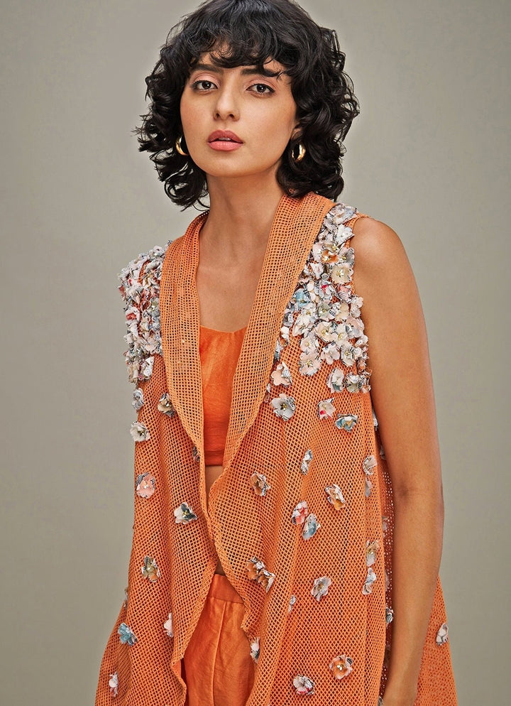 Orange Chanderi Top Snd Pant Set With Embroidered Cape Soup By Sougat Paul - Fabilicious Fashion