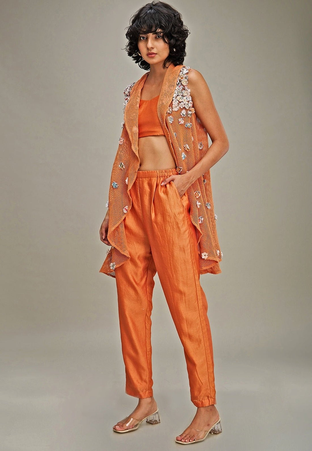 Orange Chanderi Top Snd Pant Set With Embroidered Cape Soup By Sougat Paul - Fabilicious Fashion