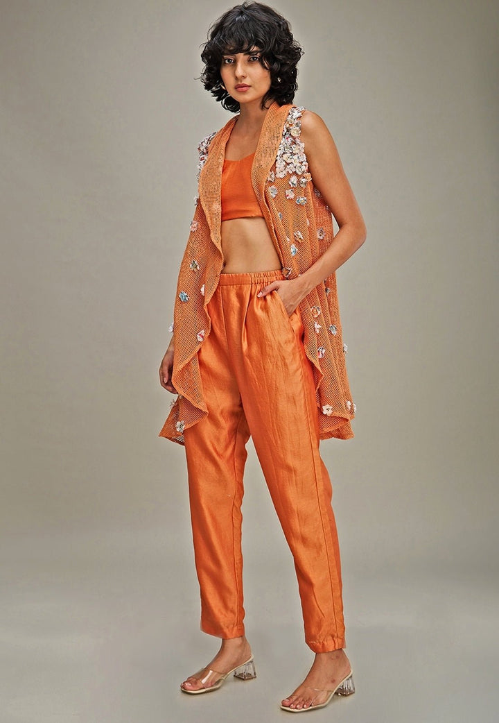 Orange Chanderi Top Snd Pant Set With Embroidered Cape Soup By Sougat Paul - Fabilicious Fashion