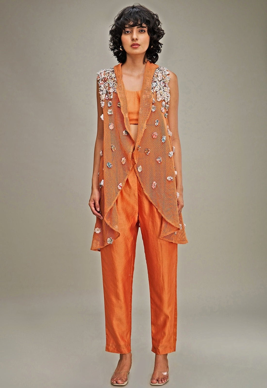Orange Chanderi Top Snd Pant Set With Embroidered Cape Soup By Sougat Paul - Fabilicious Fashion