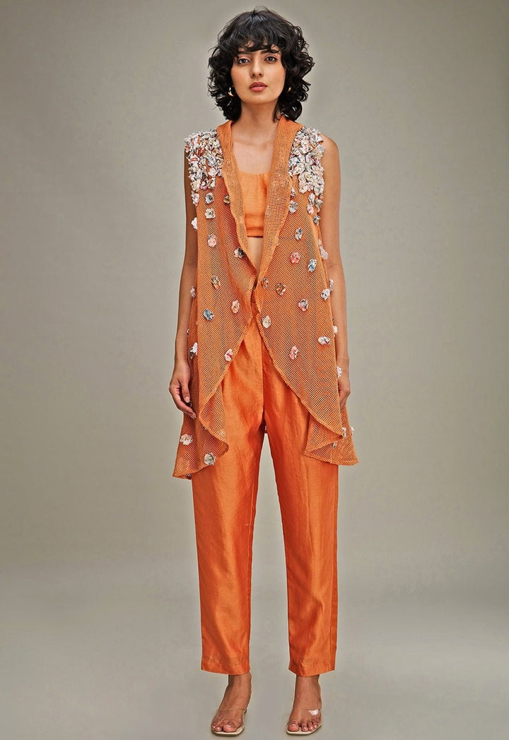 Orange Chanderi Top Snd Pant Set With Embroidered Cape Soup By Sougat Paul - Fabilicious Fashion