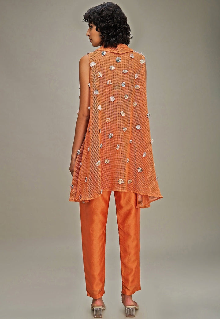 Orange Chanderi Top Snd Pant Set With Embroidered Cape Soup By Sougat Paul - Fabilicious Fashion