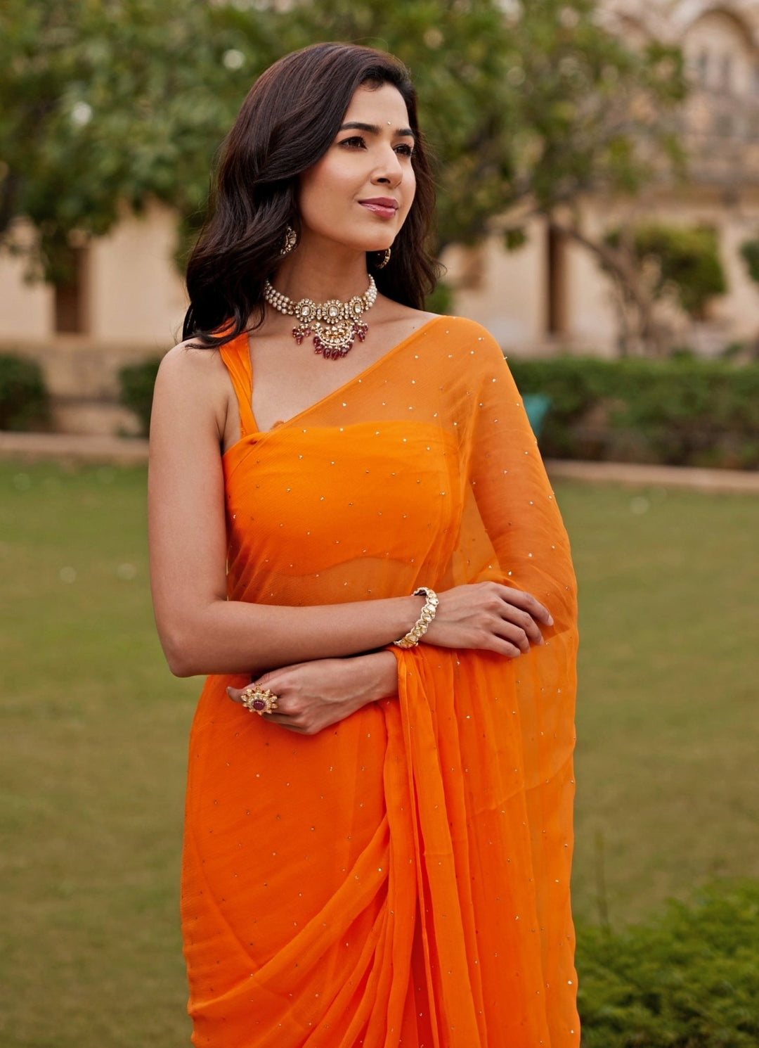 Orange Chiffon Pre - Draped Saree Set Geroo Jaipur - Fabilicious Fashion