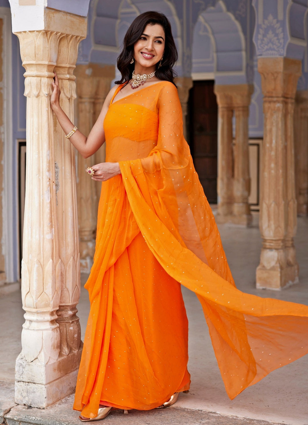 Orange Chiffon Pre - Draped Saree Set Geroo Jaipur - Fabilicious Fashion