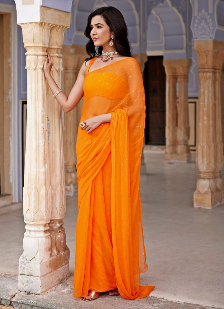 Orange Chiffon Pre - Draped Saree Set Geroo Jaipur - Fabilicious Fashion