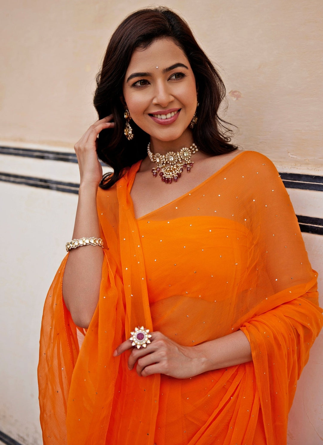 Orange Chiffon Pre - Draped Saree Set Geroo Jaipur - Fabilicious Fashion