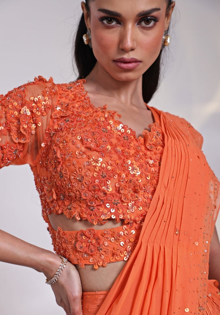 Orange Chinon Pre - Draped Saree Set Smriti - Fabilicious Fashion