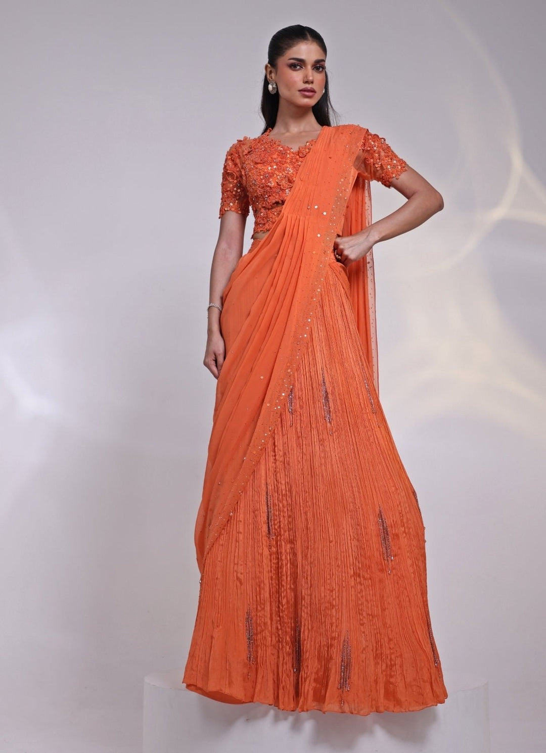 Orange Chinon Pre - Draped Saree Set Smriti - Fabilicious Fashion