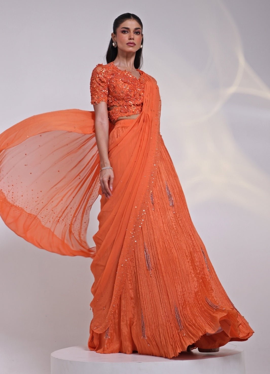 Orange Chinon Pre - Draped Saree Set Smriti - Fabilicious Fashion