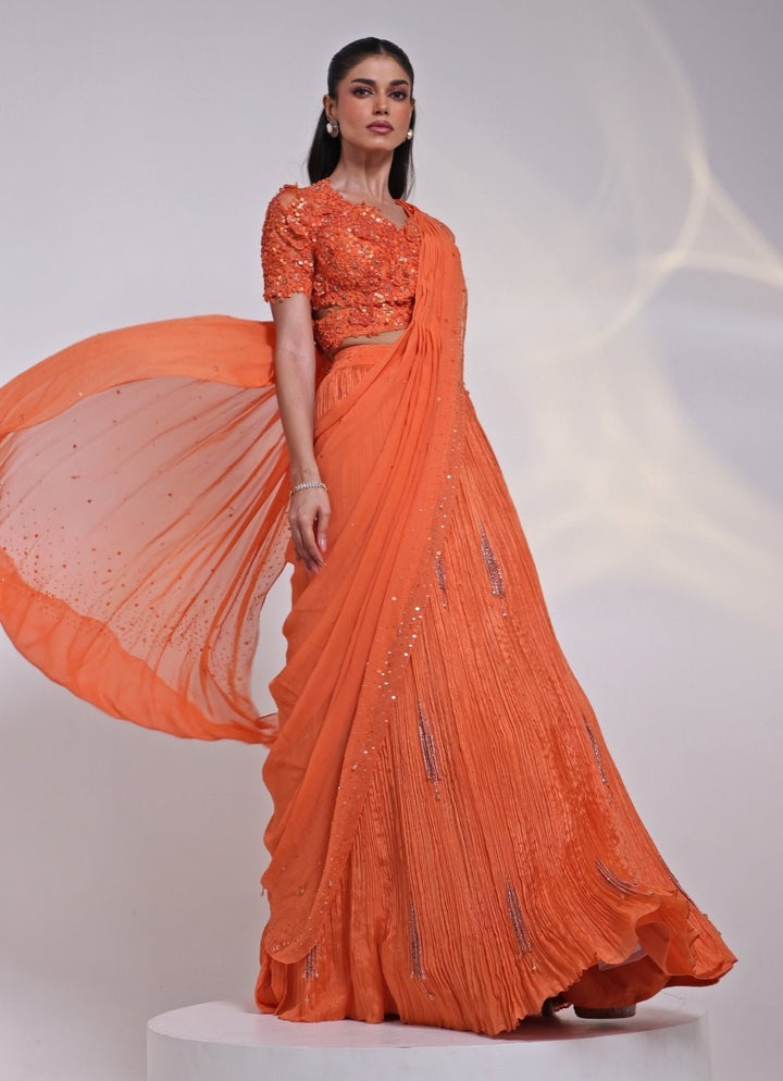 Orange Chinon Pre - Draped Saree Set Smriti - Fabilicious Fashion