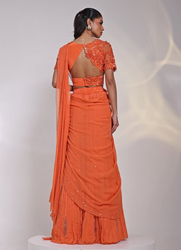 Orange Chinon Pre - Draped Saree Set Smriti - Fabilicious Fashion