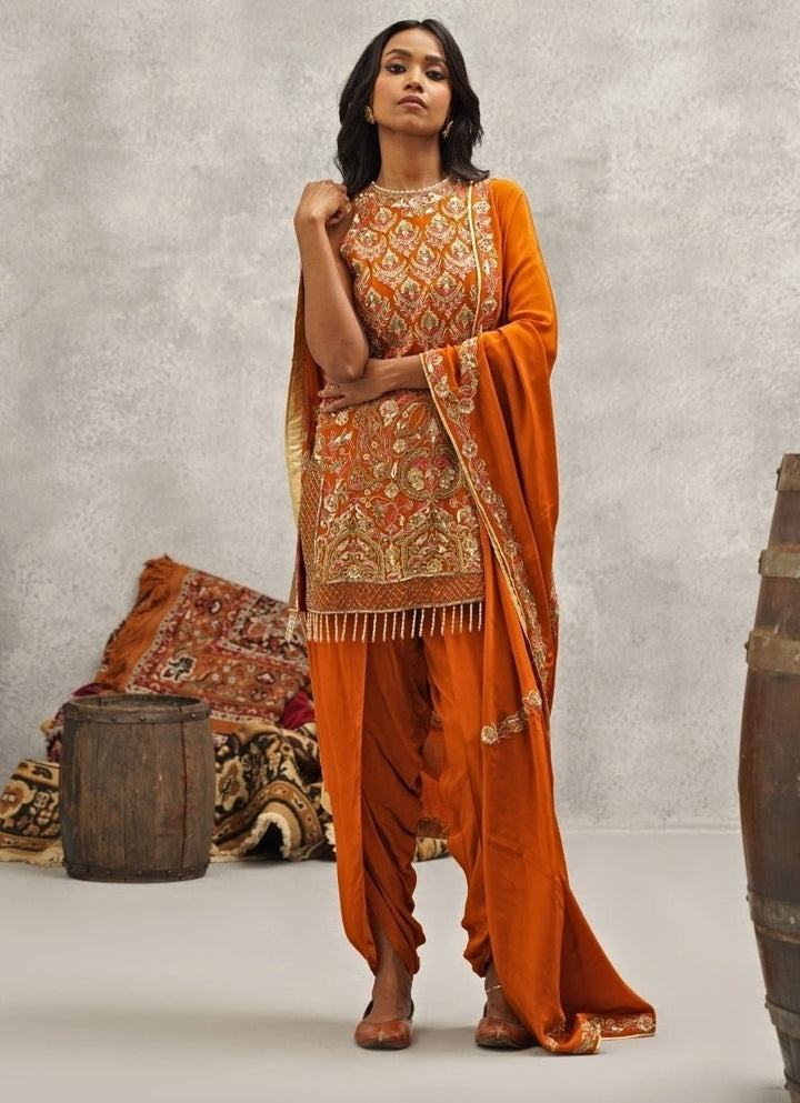 Orange Crepe Embroidered Kurta With Dhoti Pants Kapda Dori - Fabilicious Fashion