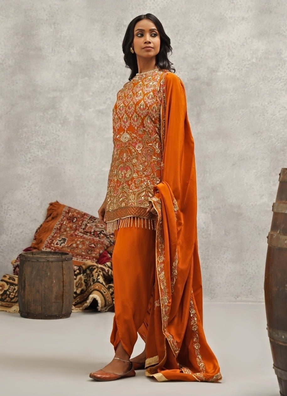 Orange Crepe Embroidered Kurta With Dhoti Pants Kapda Dori - Fabilicious Fashion