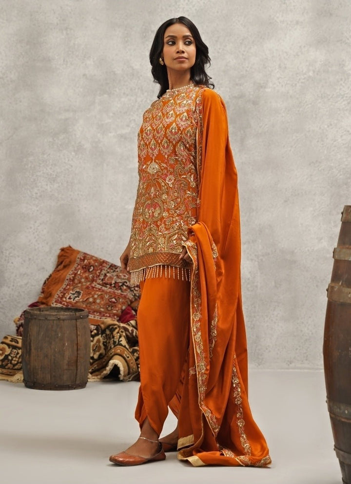 Orange Crepe Embroidered Kurta With Dhoti Pants Kapda Dori - Fabilicious Fashion