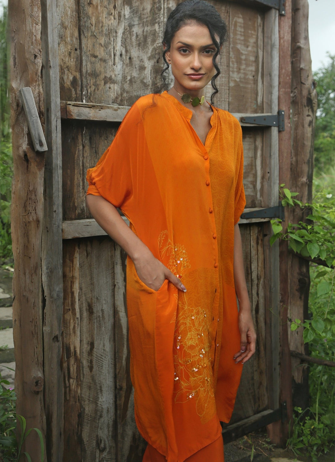 Orange Crepe Kurta Pant Set Basil Leaf - Fabilicious Fashion