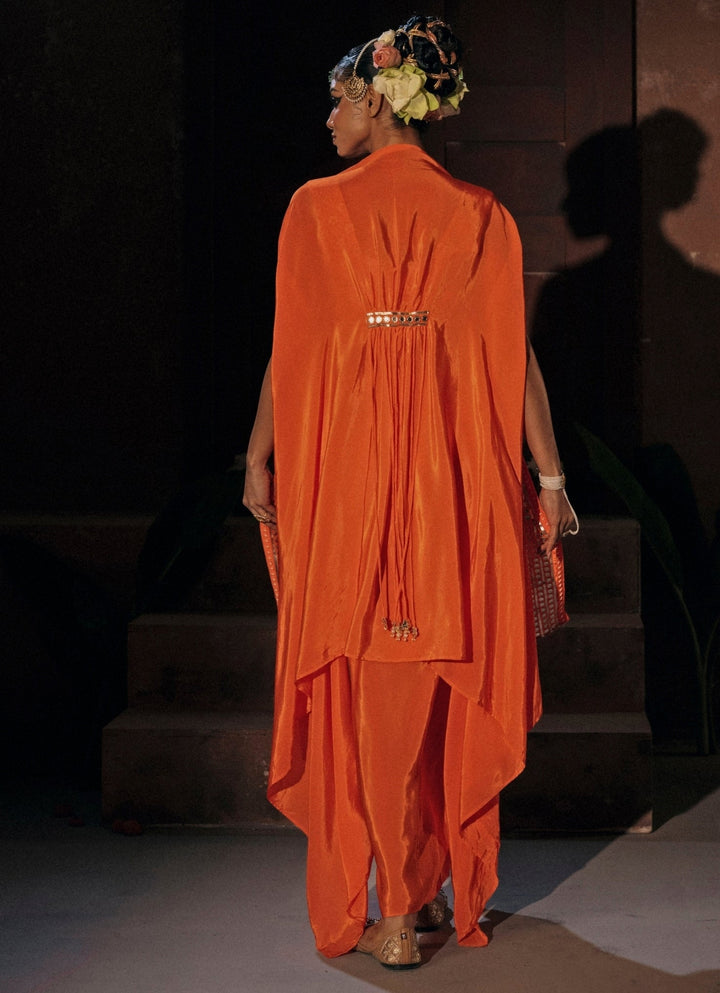 Orange Crepe Silk Drape Skirt With Cape Prahnaaya - Fabilicious Fashion