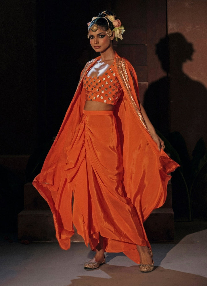 Orange Crepe Silk Drape Skirt With Cape Prahnaaya - Fabilicious Fashion