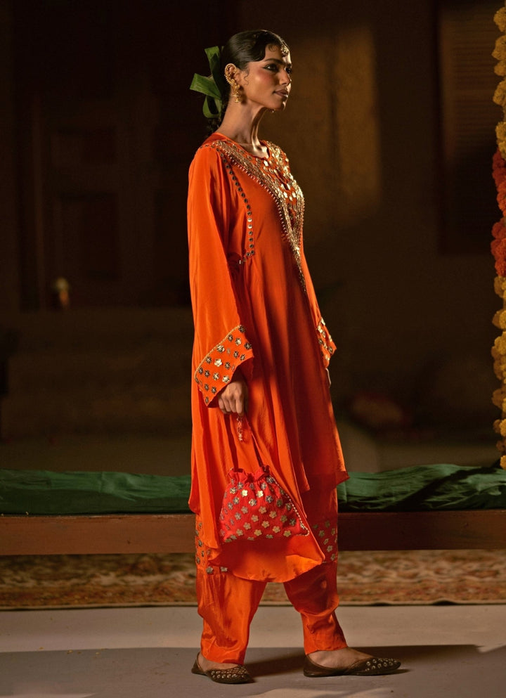 Orange Crepe Silk High - Low Kurta Salwar Prahnaaya - Fabilicious Fashion