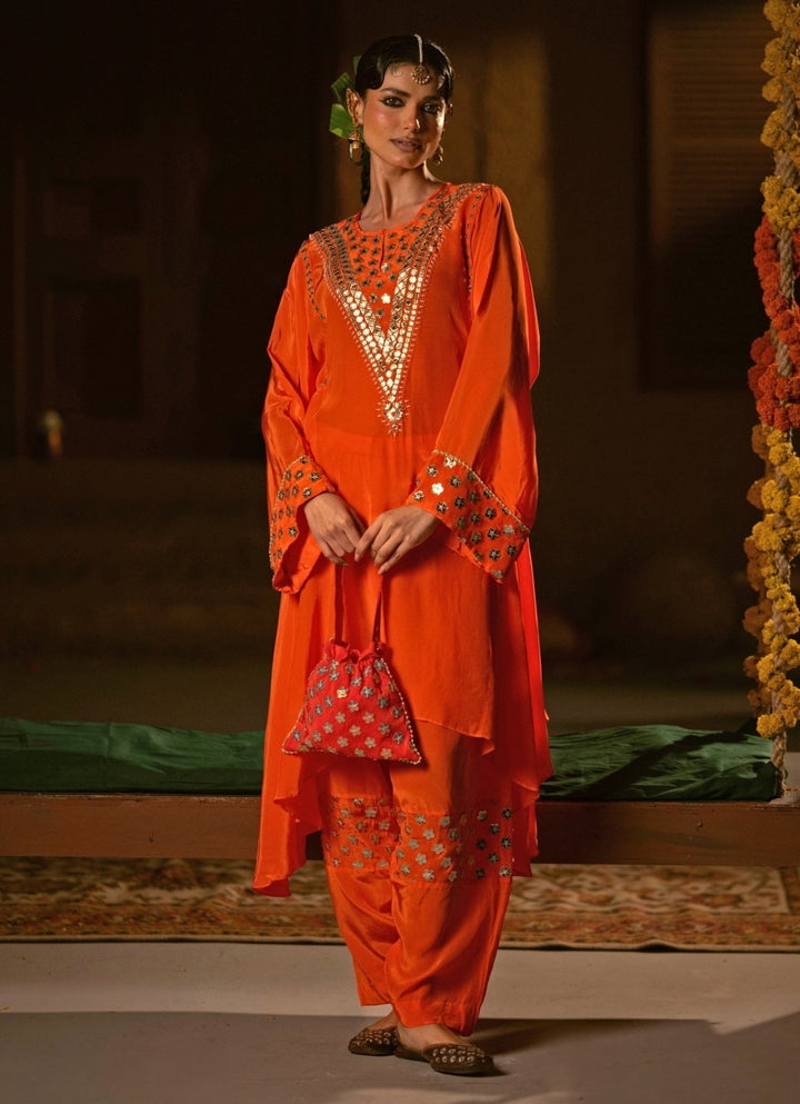 Orange Crepe Silk High - Low Kurta Salwar Prahnaaya - Fabilicious Fashion