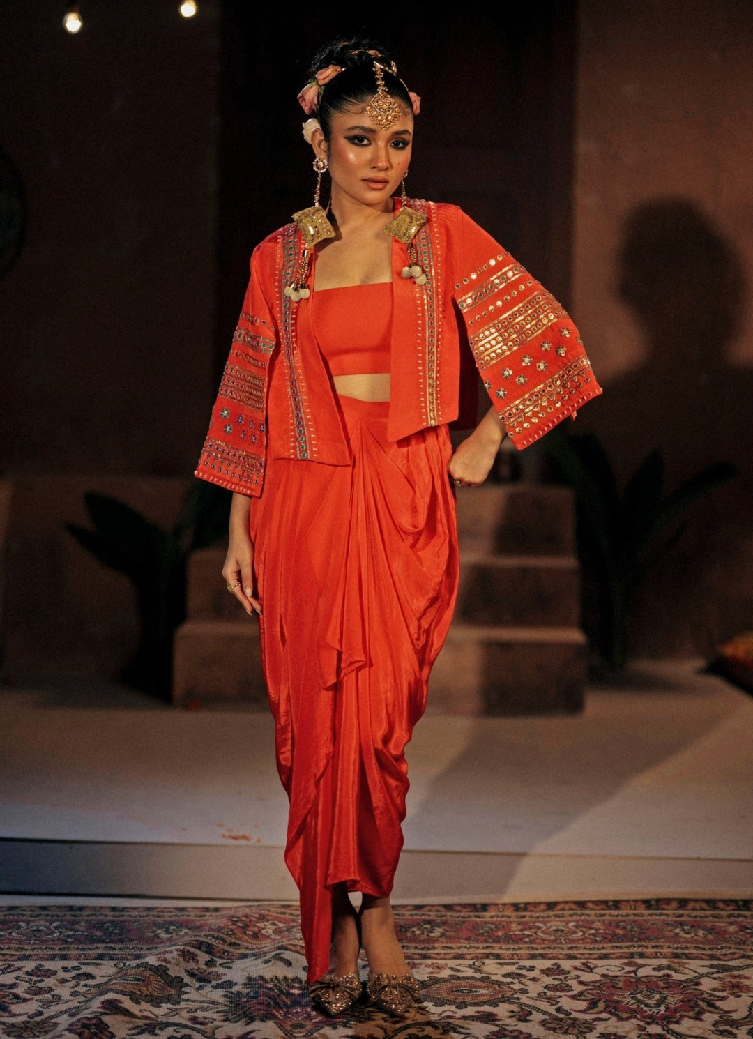 Orange Crepe Silk Jacket Prahnaaya - Fabilicious Fashion