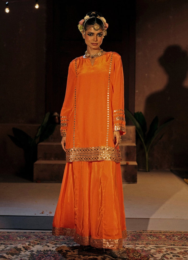 Orange Crepe Silk Kurta Sharara Prahnaaya - Fabilicious Fashion