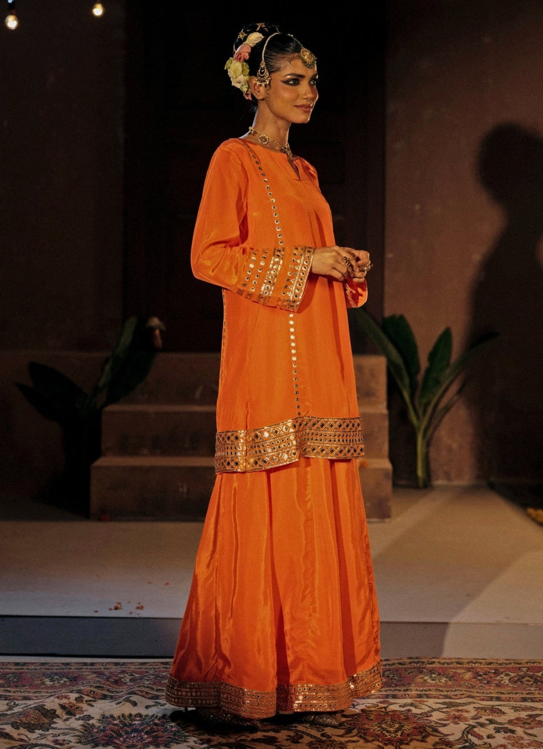 Orange Crepe Silk Kurta Sharara Prahnaaya - Fabilicious Fashion