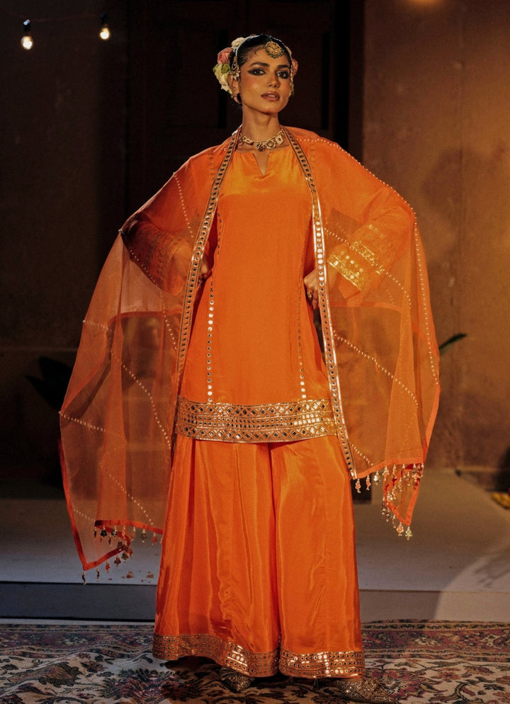 Orange Crepe Silk Kurta Sharara Prahnaaya - Fabilicious Fashion