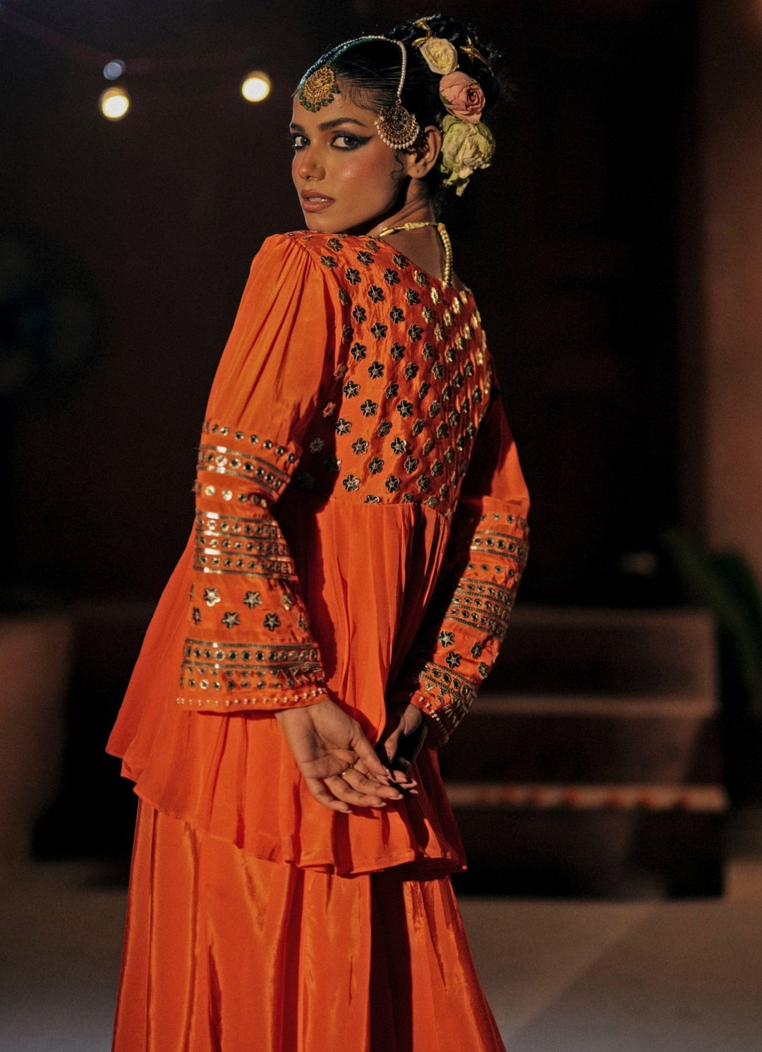 Orange Crepe Silk Peplum Palazzo Prahnaaya - Fabilicious Fashion