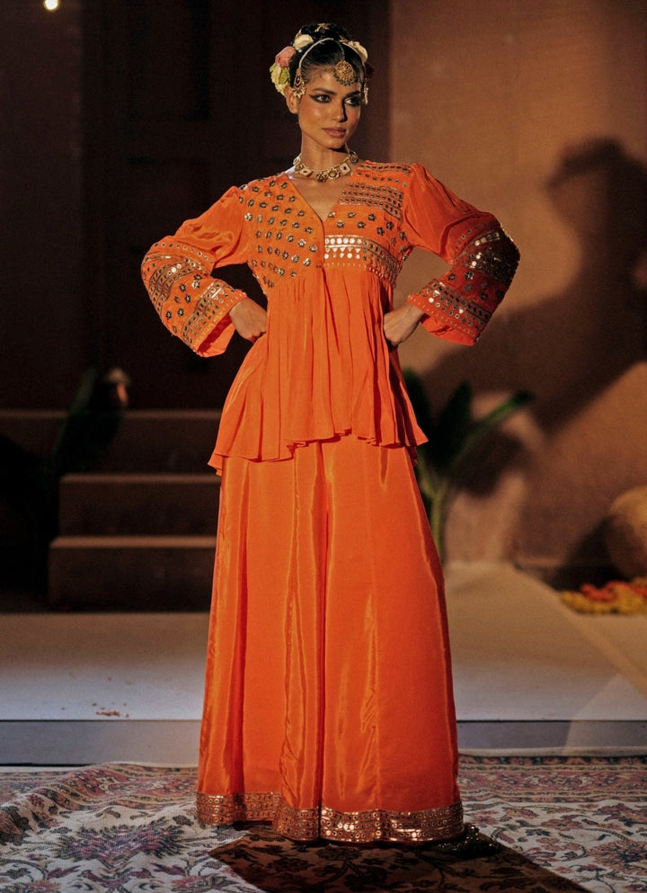 Orange Crepe Silk Peplum Palazzo Prahnaaya - Fabilicious Fashion