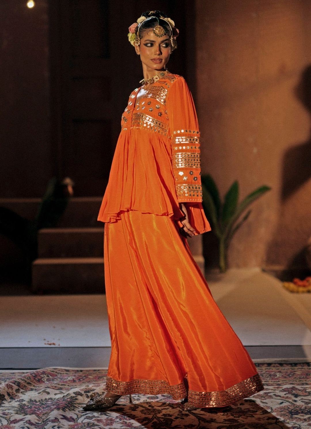 Orange Crepe Silk Peplum Palazzo Prahnaaya - Fabilicious Fashion
