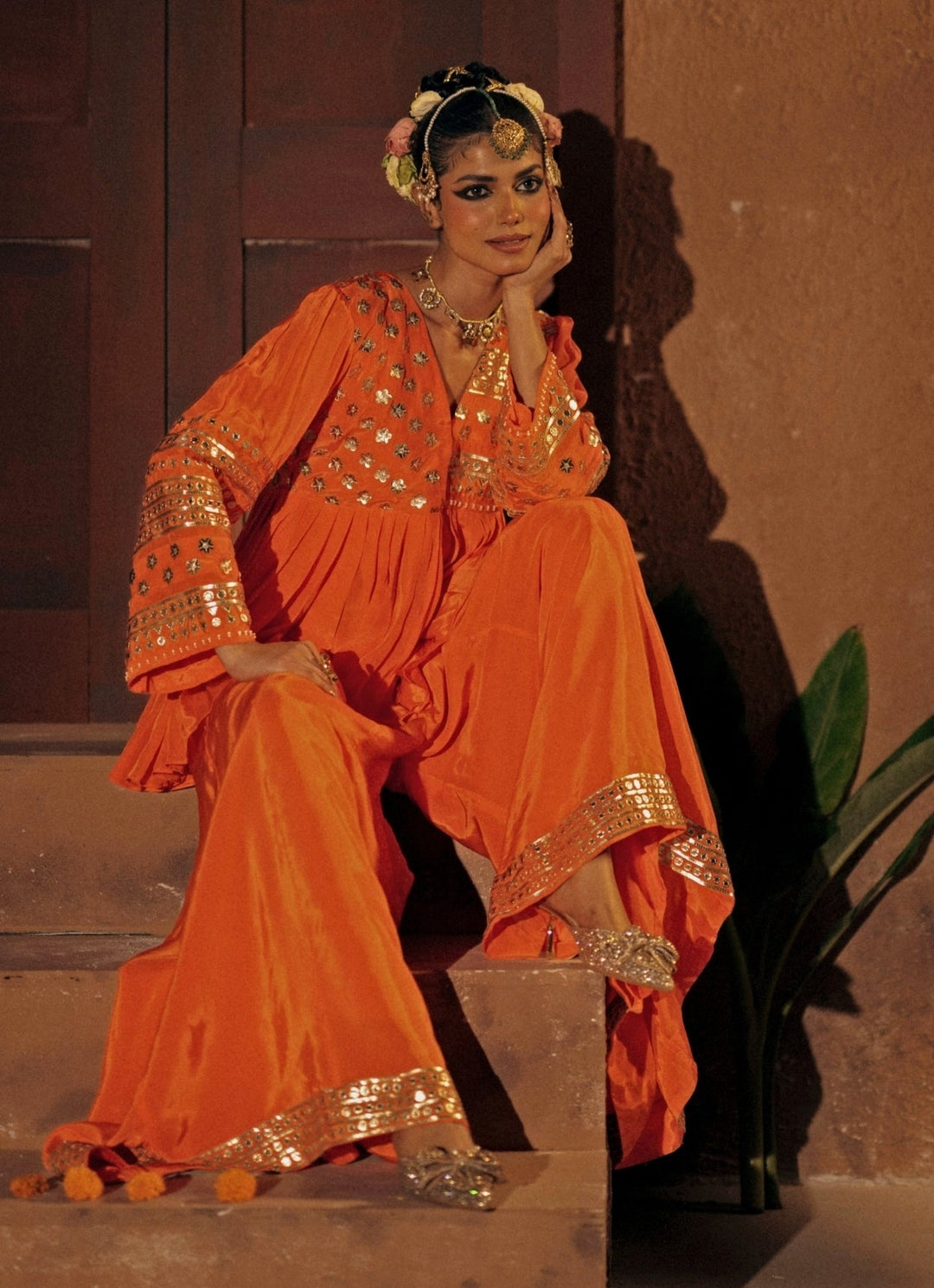 Orange Crepe Silk Peplum Palazzo Prahnaaya - Fabilicious Fashion