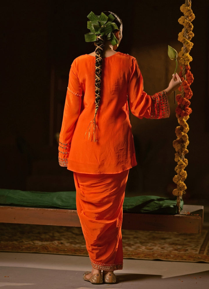 Orange Crepe Silk Tunic Jacket With Drape Skirt Prahnaaya - Fabilicious Fashion