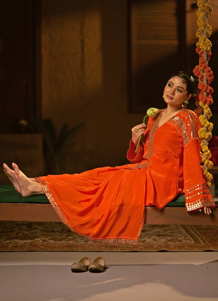 Orange Crepe Silk Tunic Jacket With Drape Skirt Prahnaaya - Fabilicious Fashion