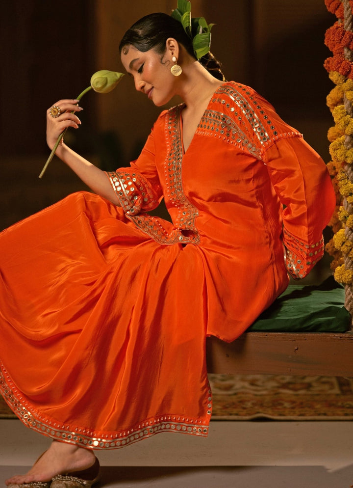 Orange Crepe Silk Tunic Jacket With Drape Skirt Prahnaaya - Fabilicious Fashion