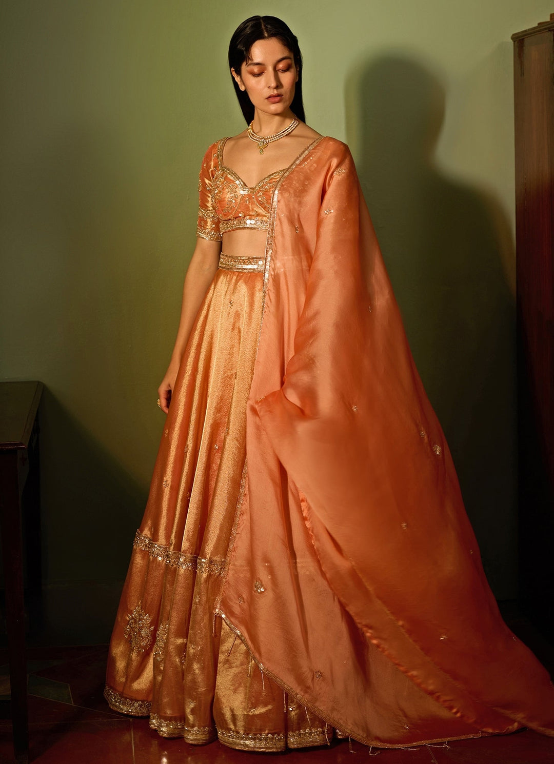 Orange Dual - Tone Embroidered Lehenga Set Zoon Tribe - Fabilicious Fashion