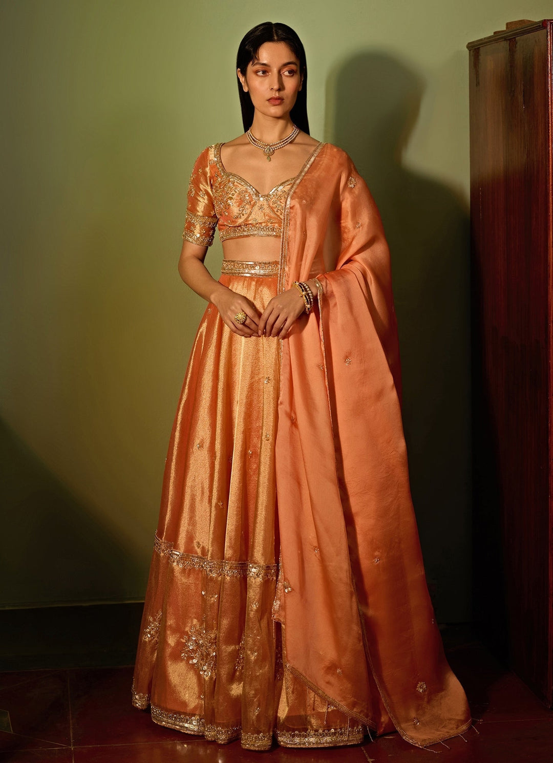 Orange Dual - Tone Embroidered Lehenga Set Zoon Tribe - Fabilicious Fashion