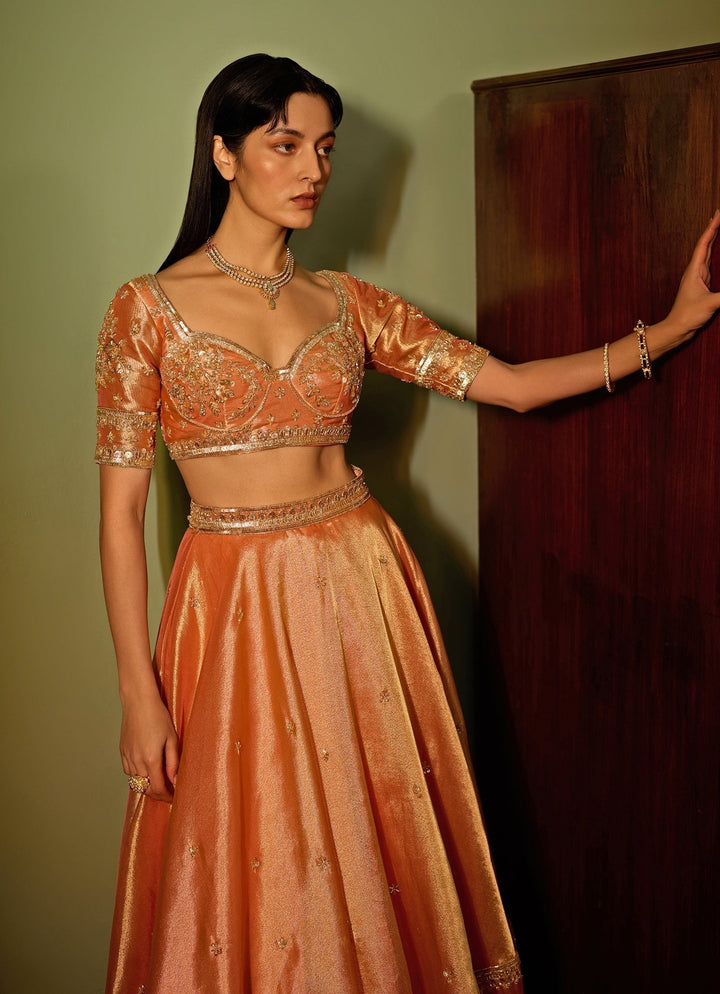 Orange Dual - Tone Embroidered Lehenga Set Zoon Tribe - Fabilicious Fashion