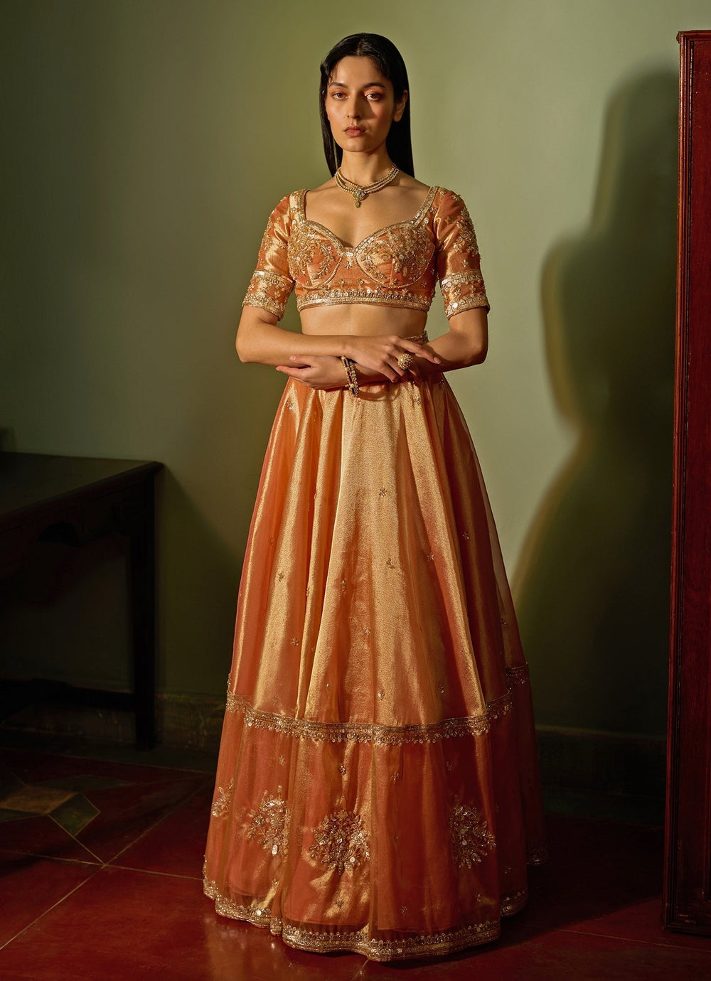Orange Dual - Tone Embroidered Lehenga Set Zoon Tribe - Fabilicious Fashion
