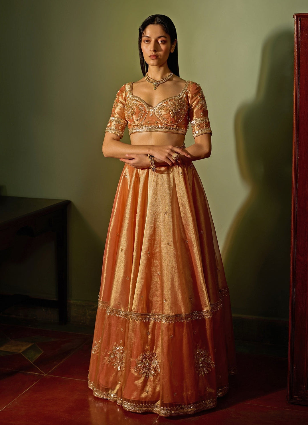 Orange Dual - Tone Embroidered Lehenga Set Zoon Tribe - Fabilicious Fashion