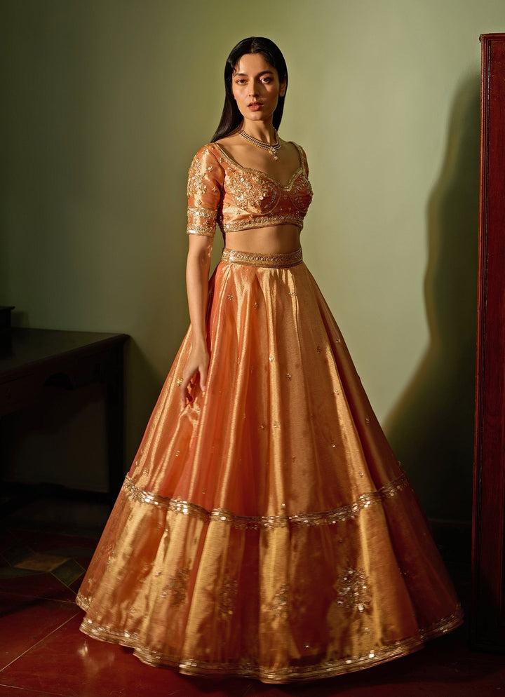 Orange Dual - Tone Embroidered Lehenga Set Zoon Tribe - Fabilicious Fashion