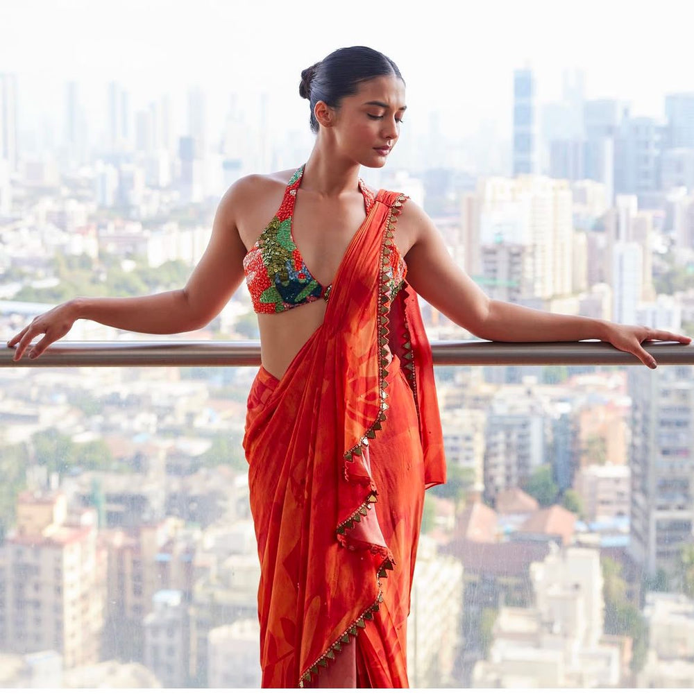 Orange Embellished Pre - Draped Chiffon Saree Basil Leaf - Fabilicious Fashion